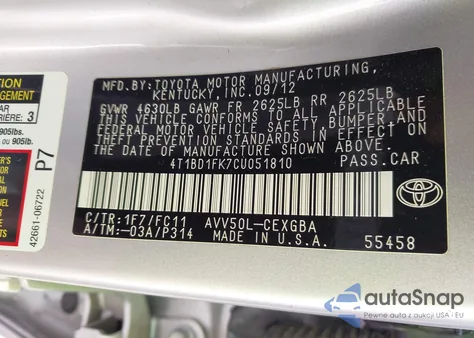 2012 Toyota Camry Hybrid Xle из США, поврежденный, VIN 4T1BD1FK7CU051810